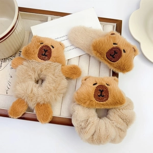 Cute Capybara plush hair scrunchies and clips set in soft beige and khaki materials