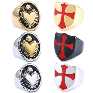 Men Stainless Steel Ring Vintage Gothic Punk Crusader Cross Shield Heart Shape Red Enamel Religious Jewelry Gift