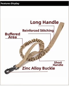 Tactical nylon dog leash with dual handles and zinc alloy carabiner in desert tan color