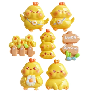 Set of 7 cartoon yellow chick resin charms with flower and fence DIY accessories