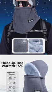 Detail of dark grey fleece balaclava with thick light blue faux fur lining and drawstring
