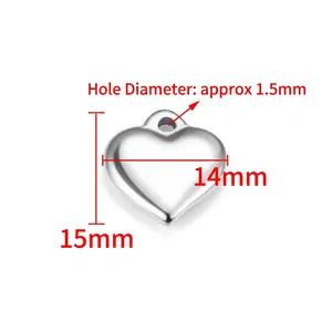 Polished stainless steel heart pendant 14x15mm with 1.5mm top hole dimensions