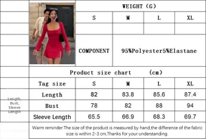 Detailed size chart for red square neck dress with polyester and elastane fabric info