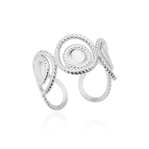 Detailed macro shot of silver hollow ring featuring triple twisted rope braided texture