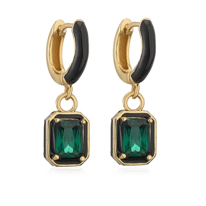 Elegant gold earrings with black enamel squares and rectangle emerald green crystals