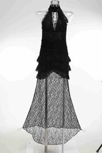 Detail of elegant black lace maxi dress featuring tiered ruffles and V-neckline halter design