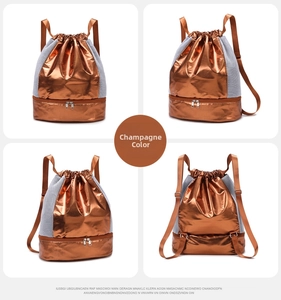 Four-angle view of champagne drawstring swim bag with dry wet separation and mesh detail