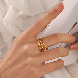 Stainless Steel Cross Line Adjustable Open Ring Multi Layer Geometric Hollow Out Fashion Jewelry For Women