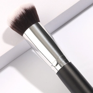 Round head powder brush with soft dual-tone fiber bristles and silver metal ferrule
