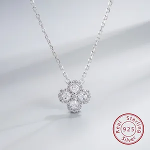 S925 Sterling Silver Four Leaf Clover Pendant Necklace For Women Elegant Hollow Flower Rhinestone Inlaid Dainty Chain Jewelry Gift