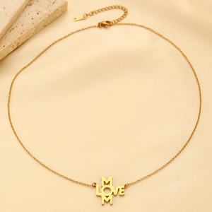 Detail of 18K gold-plated necklace with MOM and LOVE letter charms and lobster clasp