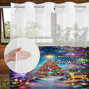 Sheer Christmas shower curtain detail showing translucent fabric and festive tree prints
