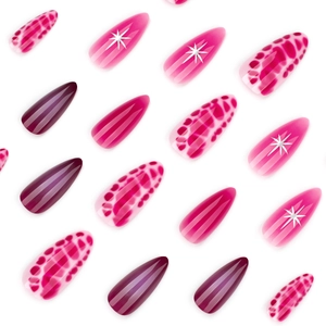 Hot selling almond press-on nails with purple leopard patterns and glitter star designs