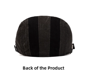 Rear view of striped cotton flat cap showing adjustable side metal buckles and stitching