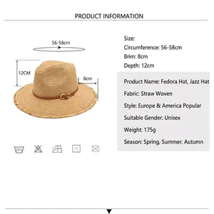 Unisex straw sun hat with dimensions showing 8cm brim and decorative brown buckle belt