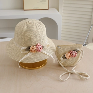 Kids Straw Hat And Crossbody Bag Summer Sun Protection Breathable Floral Lace Bow Beach Headwear Purse For Girls