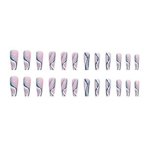 Long ballerina press-on nails with blue wave patterns and glitter on pink base