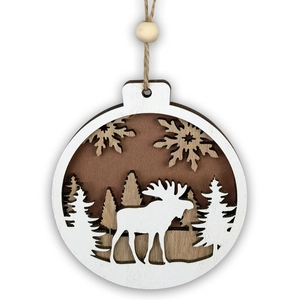 Detail of laser-cut wooden Christmas ornament with multi-layered moose and forest design