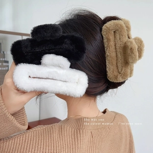 Large plush square claw clip set in black, white, and brown colors for women