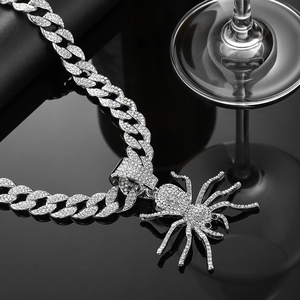 Punk rock gothic silver spider pendant necklace with sparkling crystals on cuban chain