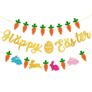Close-up of Happy Easter glitter banner featuring carrot, bunny and colorful egg cutouts