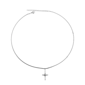 Minimalist silver cross pendant necklace with adjustable chain on white background