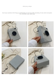 Detailed views of a silver glitter camera-shaped crossbody bag with metal chain