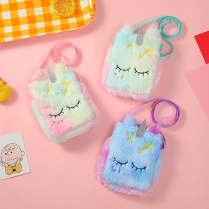 Kids Plush Unicorn Shoulder Bag Cartoon Gradient Square Crossbody Coin Purse With Sequin Horn For Girls Gift