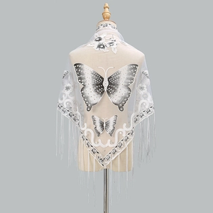 Elegant white lace triangular shawl with black butterfly embroidery and long tassel trim