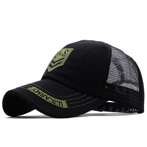 U.S. ARMY embroidered mesh trucker hat in black and olive green from 45-degree angle