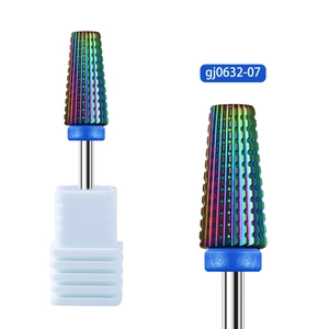 Macro shot of 5-in-1 rainbow nail drill bit with precision grooves and dust ring