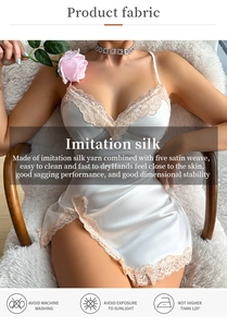 Detail of white satin nightdress showing floral lace trim and luxury fabric texture
