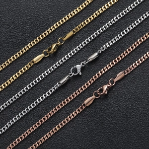 Detailed view of 3mm stainless steel cuban chains in gold, silver, and rose gold finishes