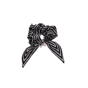 Striped bow scrunchie with white pearls and silk-like fabric for stylish ponytails