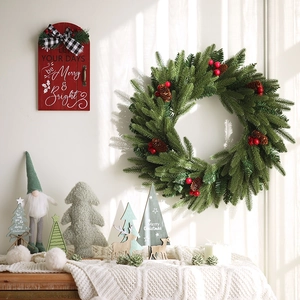 Artificial Christmas Wreath PE PVC Pine Needles Flocked Snow Pine Cones Red Berries Hanging Holiday Decoration For Wall