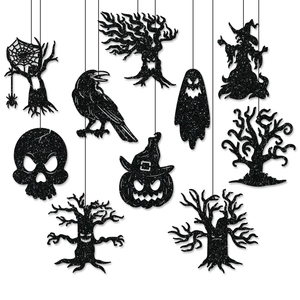 10-piece black glitter Halloween ornaments featuring skull, pumpkin, and witch designs