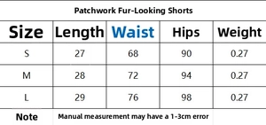 Detailed size chart for faux fur trim shorts with measurements in centimeters