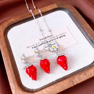 Elegant strawberry jewelry set with pearl flower pendant necklace and stud earrings