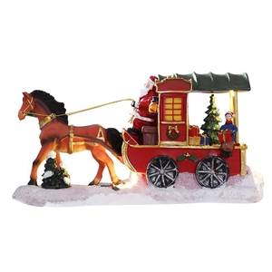 Christmas carriage decoration with LED warm light, Santa Claus, and tree on white background