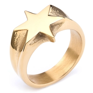 Vintage stainless steel gold star ring with wide polished band and geometric texture