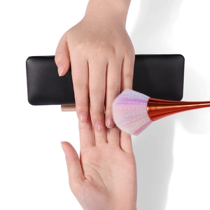 Professional black leather nail arm rest with beech wood base and colorful dust brush