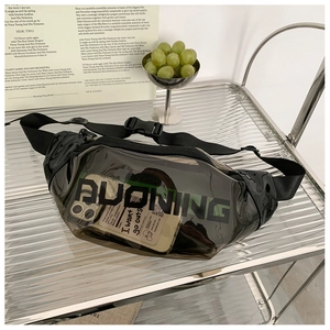 Detail of black translucent PVC chest bag with adjustable strap and BUONING logo