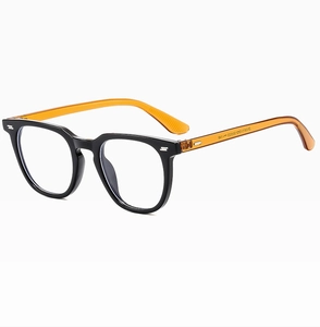 Detailed side view of black frame glasses with translucent orange temples and model SN3812