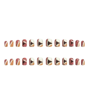 Set of 24 press-on nails featuring modern geometric patterns in red and orange colors