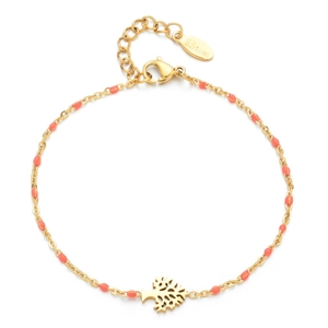 Detail of 18k gold plated tree of life bracelet with orange beads and S-hook clasp