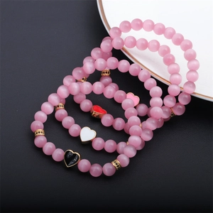 Pink Cat Eye Stone Beaded Bracelet With Copper Enamel Heart Pendant Golden Rhinestone Spacers Elegant Jewelry For Women