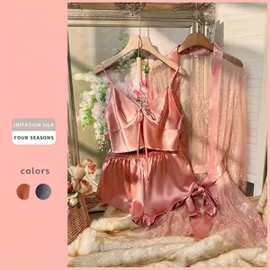 Sexy Elegante Damen Camisole Shorts Und Spitze Morgenmantel Imitat Satin Satin Floral Atmungsaktiv Bequem Home Wear