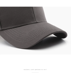 Detail of dark grey baseball cap with high-density cotton fabric and reinforced stitching