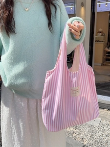 Minimalist pink and white striped canvas tote bag with large capacity for women