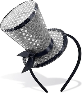 Detail of silver sequined mini witch hat headband with black satin bow for party decor